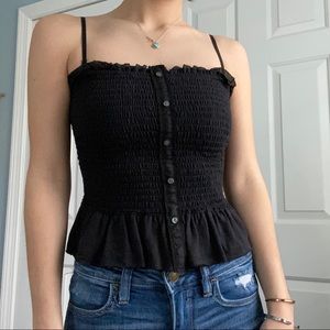 Abercrombie Black Ruched Button Up Ruffle Tank